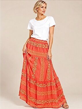 Hale Bob Regan Maxi Skirt M Coral Gold Embroidered Boho Tiered NWT